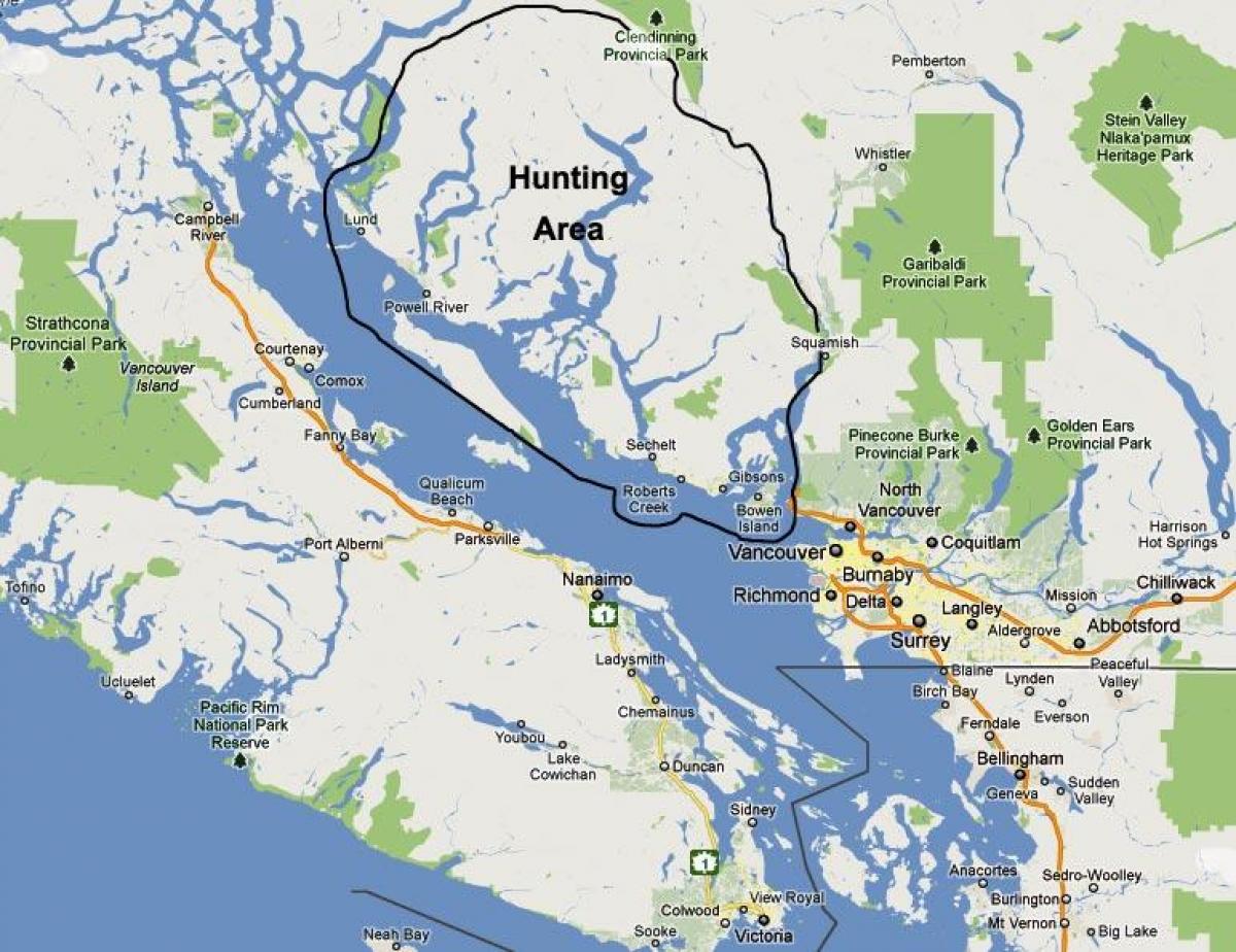 Χάρτης του νησιού του βανκούβερ το κυνήγι